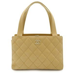CHANEL Matelasse Coco Mark Tote Bag Shoulder Handbag Leather Beige